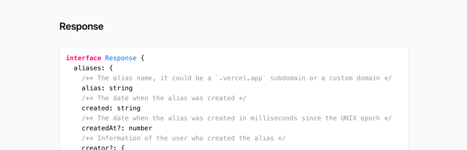 Sample response interface for the Aliases Endpoint