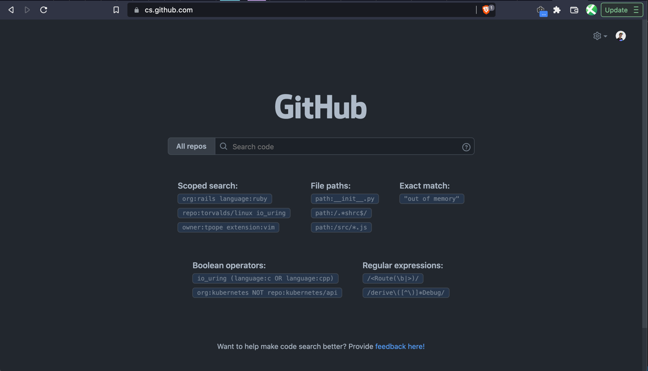 GitHub CodeSearch Homepage
