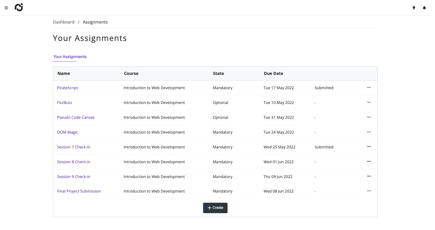 Assigment page showing a list of outstanding tasks