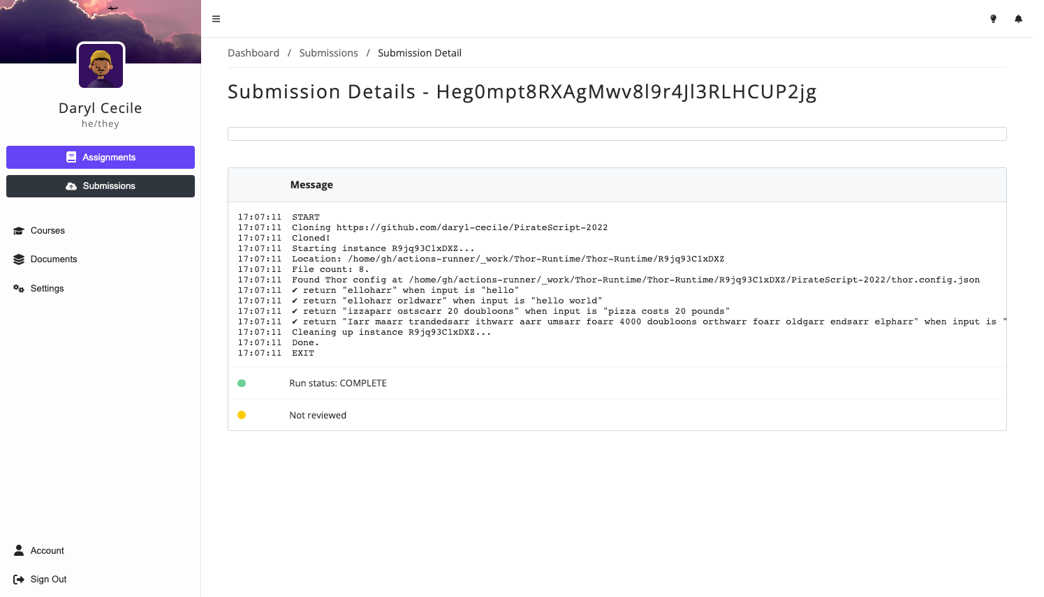 Submission detail page showing automatic testing results