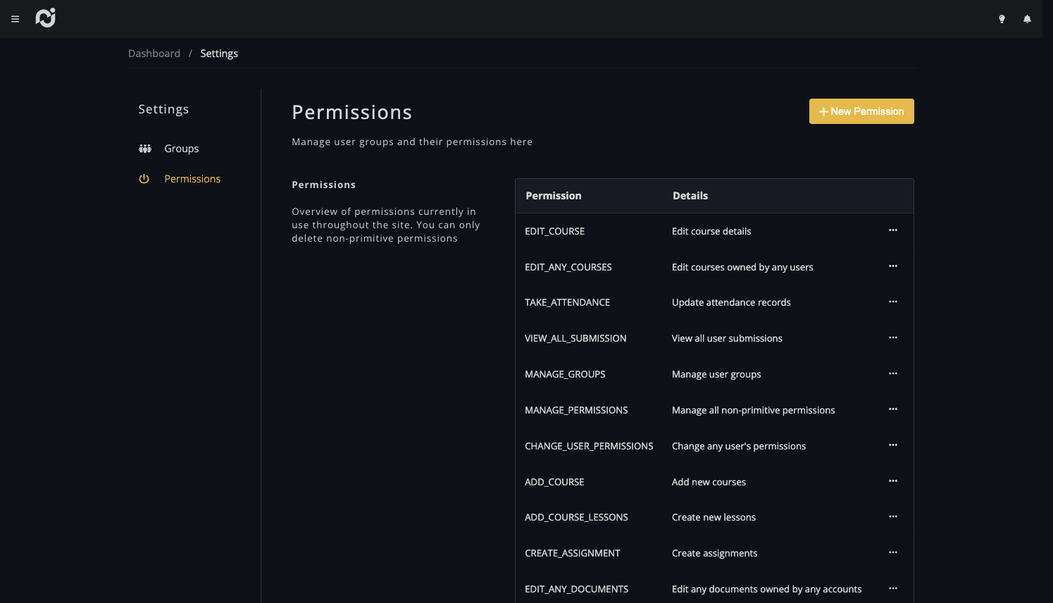 In dark mode: Admin page showing permission settings